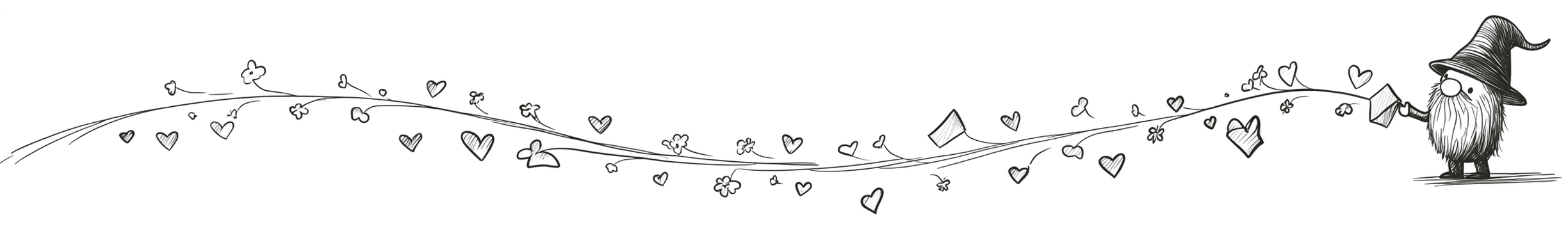 A gnome at the end of a long winding trail, blowing flowers into the air that turn into hearts and messages